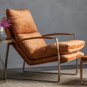 Fabian Velvet Lounge Chaise Chair With Metal Frame In Ochre
