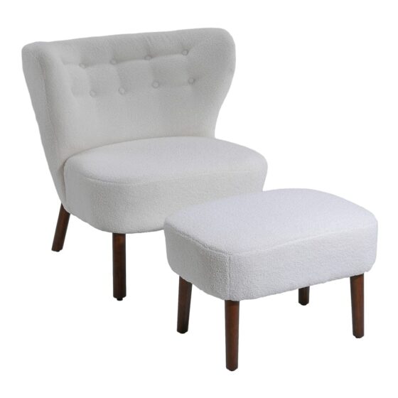 White Boucle Teddy Upholstered Accent Chair with Footstool