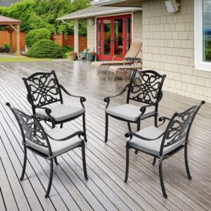 4Pcs Cast Aluminum Patio Dining Armchair with Black Frame and white Cushions