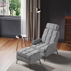 128.5cm 180-Degree Folding Houndstooth Recliner Chair Sleeping Sofa Chair with Footstool