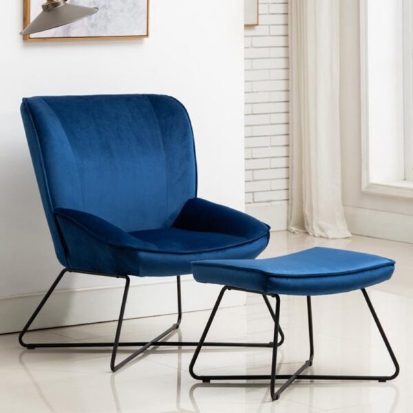 Thorsby Velvet Accent Chair With Stool In Blue