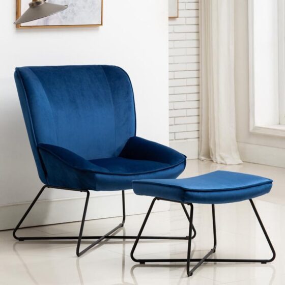 Thorsby Velvet Accent Chair With Stool In Blue