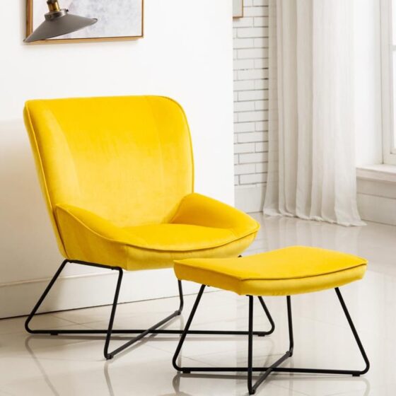 Thorsby Velvet Accent Chair With Stool In Ochre