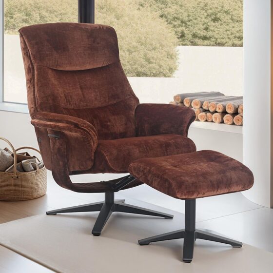 Haslet Fabric Recliner Chair With Stool In Brandy
