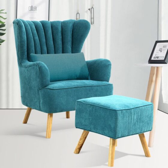 Contemporary Wing Back Armchair and Ottoman Set with Cushion and Footstool