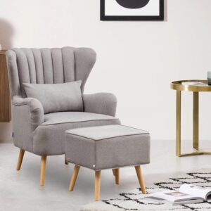 Contemporary Wing Back Armchair and Ottoman Set with Cushion and Footstool