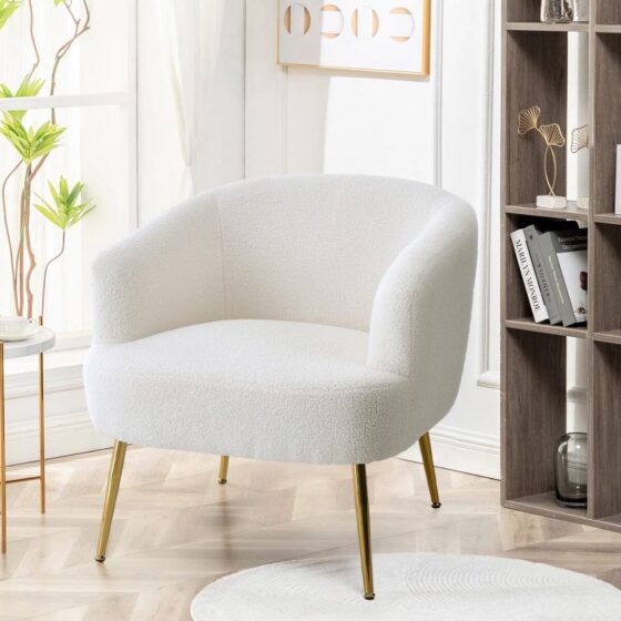 White Teddy Fabric Armchair with Metal Legs