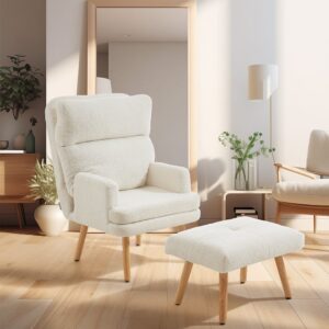 Wooden Legs Velvet Armchair Chair with Footrest