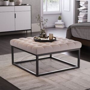 84cm W Square Linen Footstool with Metal Frame
