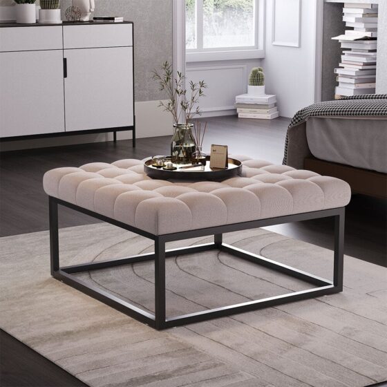 84cm W Square Linen Footstool with Metal Frame