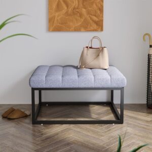 84cm W Square Linen Footstool with Metal Frame