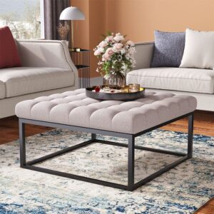 84cm W Square Linen Footstool with Metal Frame