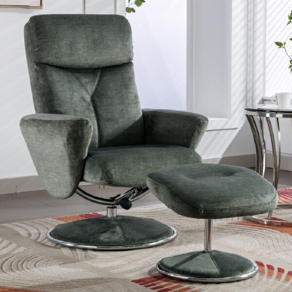 Poznan Fabric Recliner Chair With Stool In Moss Green