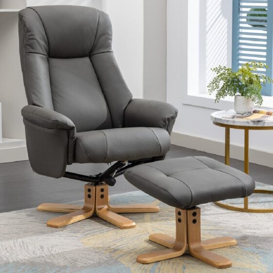 Hatton Leather Recliner Chair With Stool In Cinder And Oak