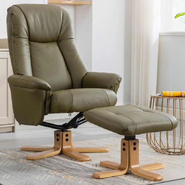 Hatton Leather Recliner Chair With Stool In Olive Green And Oak