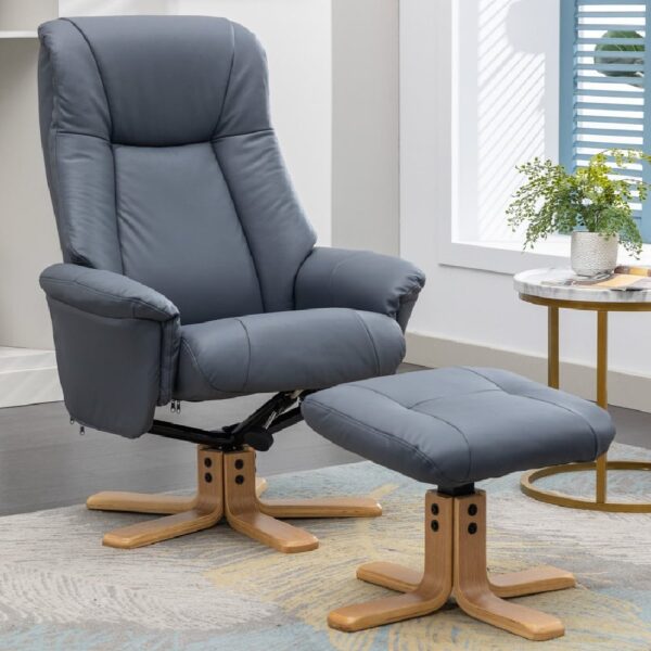 Hatton Leather Recliner Chair With Stool In Petrol Blue And Oak