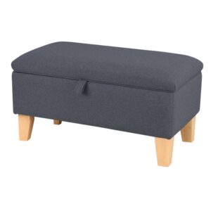 Linen Upholstered Storage Footstool with Solid Wood Legs and Lift-Up Seat