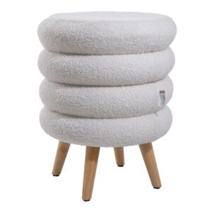 White Teddy Fur Tiered Footstool with Natural Wood Legs