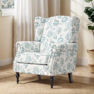 Accent Chair Green Floral Velvet Linen Rubber Wood Legs
