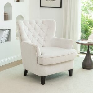 Accent Chair Off-White Bread Shaped Linen Black Solid Wood Legs