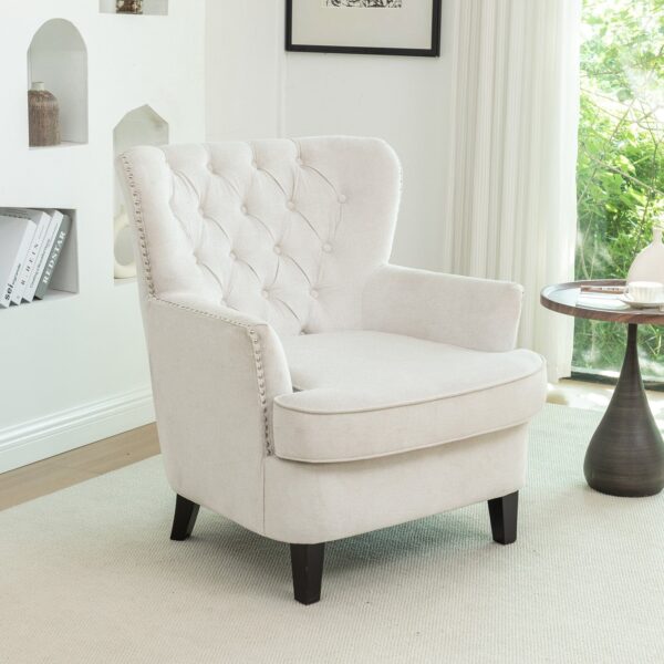 Accent Chair Off-White Bread Shaped Linen Black Solid Wood Legs