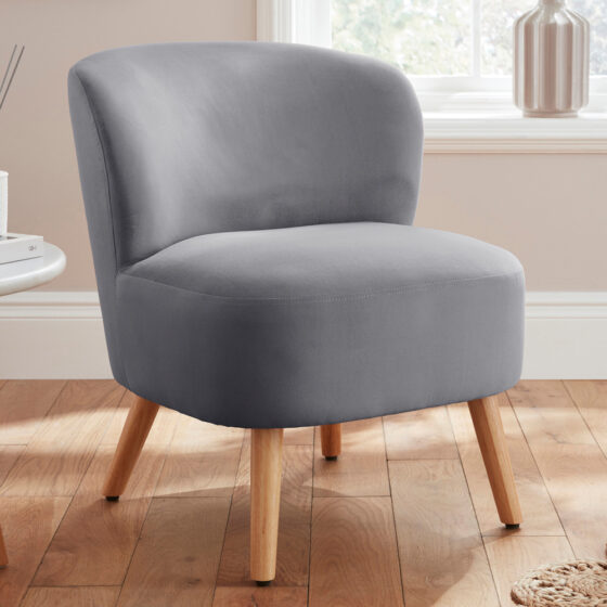 Evans Velvet Accent Chair With Wooden Legs In Grey