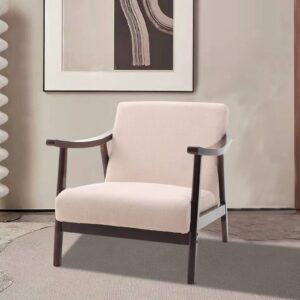 Mid-Century Modern Wooden Arm Accent Chair – Beige Tech Velvet
