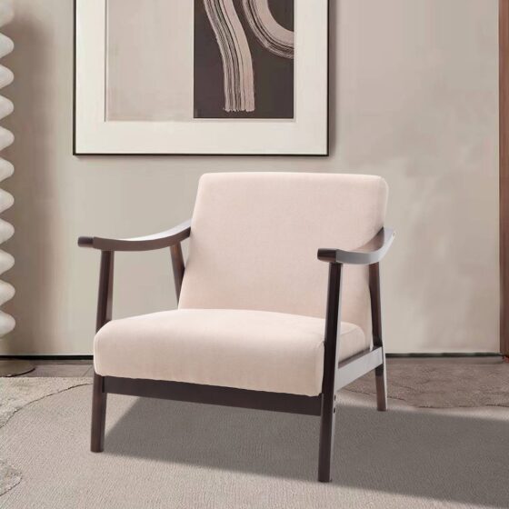 Mid-Century Modern Wooden Arm Accent Chair - Beige Tech Velvet