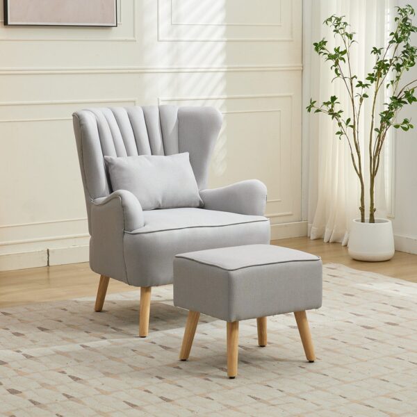 Modern Wingback Accent Chair with Ottoman and Pillow Off White