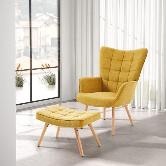 Mustard Linen Accent Chair with Ottoman