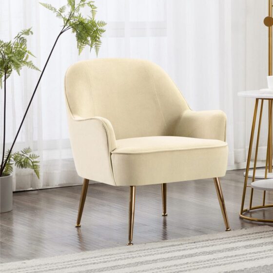Off-White Fleece Accent Chair with Gold Plated Legs
