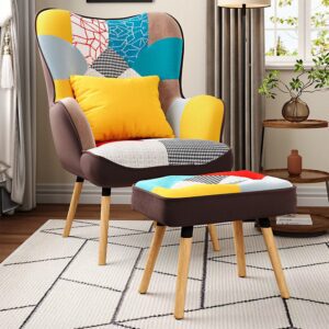 Patterned Fabric Accent Chair with Ottoman & Throw Pillow