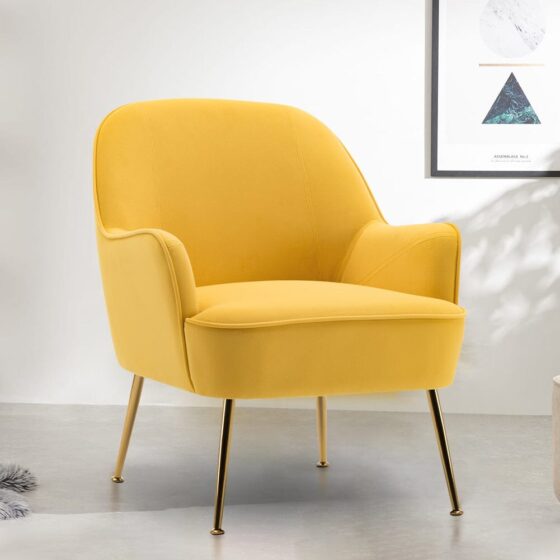 Retro Glam Accent Chair Mustard Yellow Velvet with Gold Legs