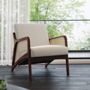 Scandi-Boho Rattan & Bouclé Accent Chair – Beige Corduroy