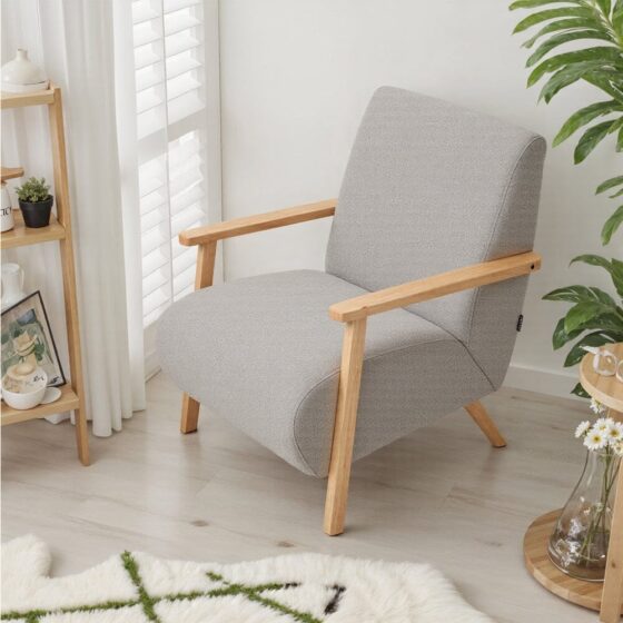 Scandinavian Accent Chair Chenille Fabric with Wooden Armrests