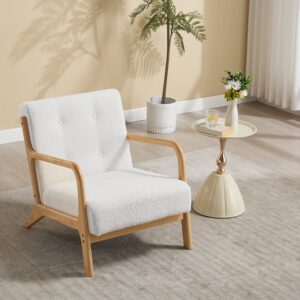 White Teddy Fleece Accent Chair with Solid Wood Arms & Modular Design