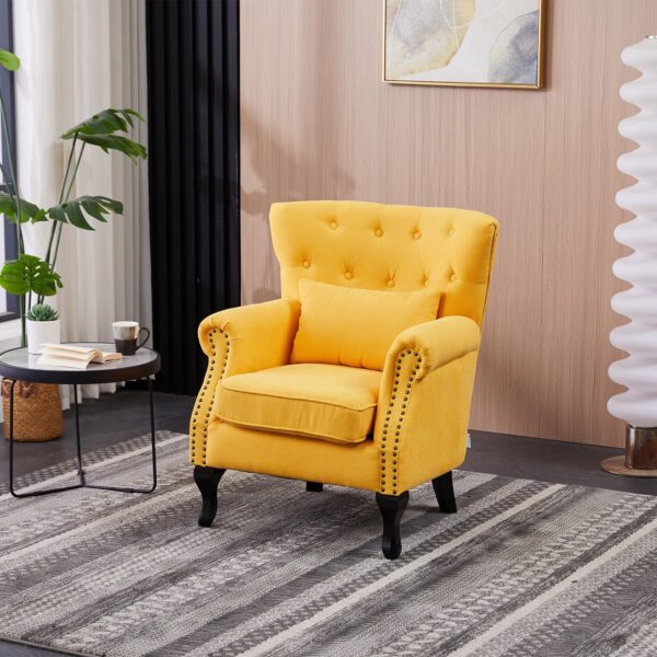 Accent Chair Yellow Velvet Linen Deep Tufted Back High Tiger Legs