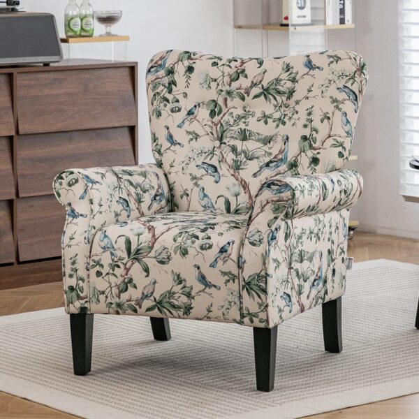 Floral Fabric Accent Chair with Solid Wood Legs and Tufted Backrest